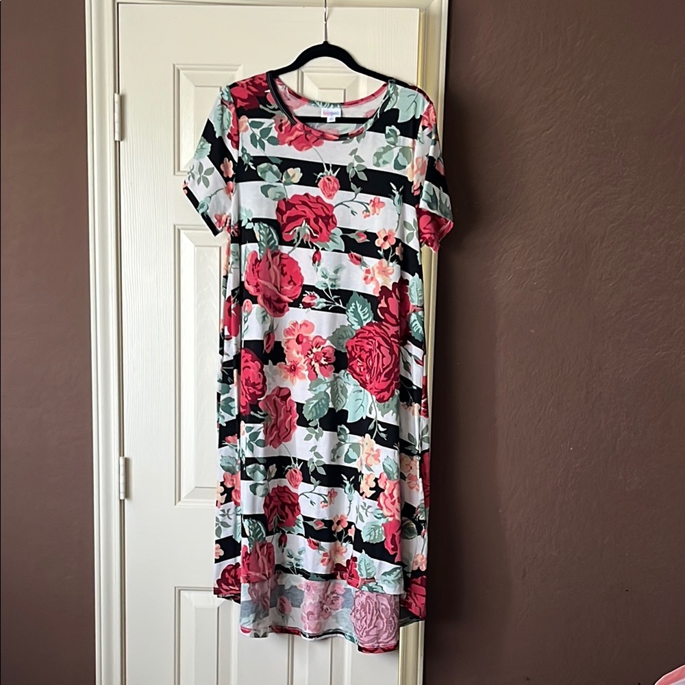 LuLaRoe Red and Black Striped Floral Dress